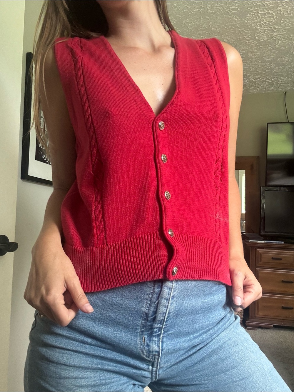 Vintage Red Button-Front Sleeveless Knit Vest